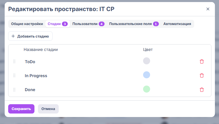 Вкладка «Стадии» в настройках пространства: список стадий, цвет и удаление